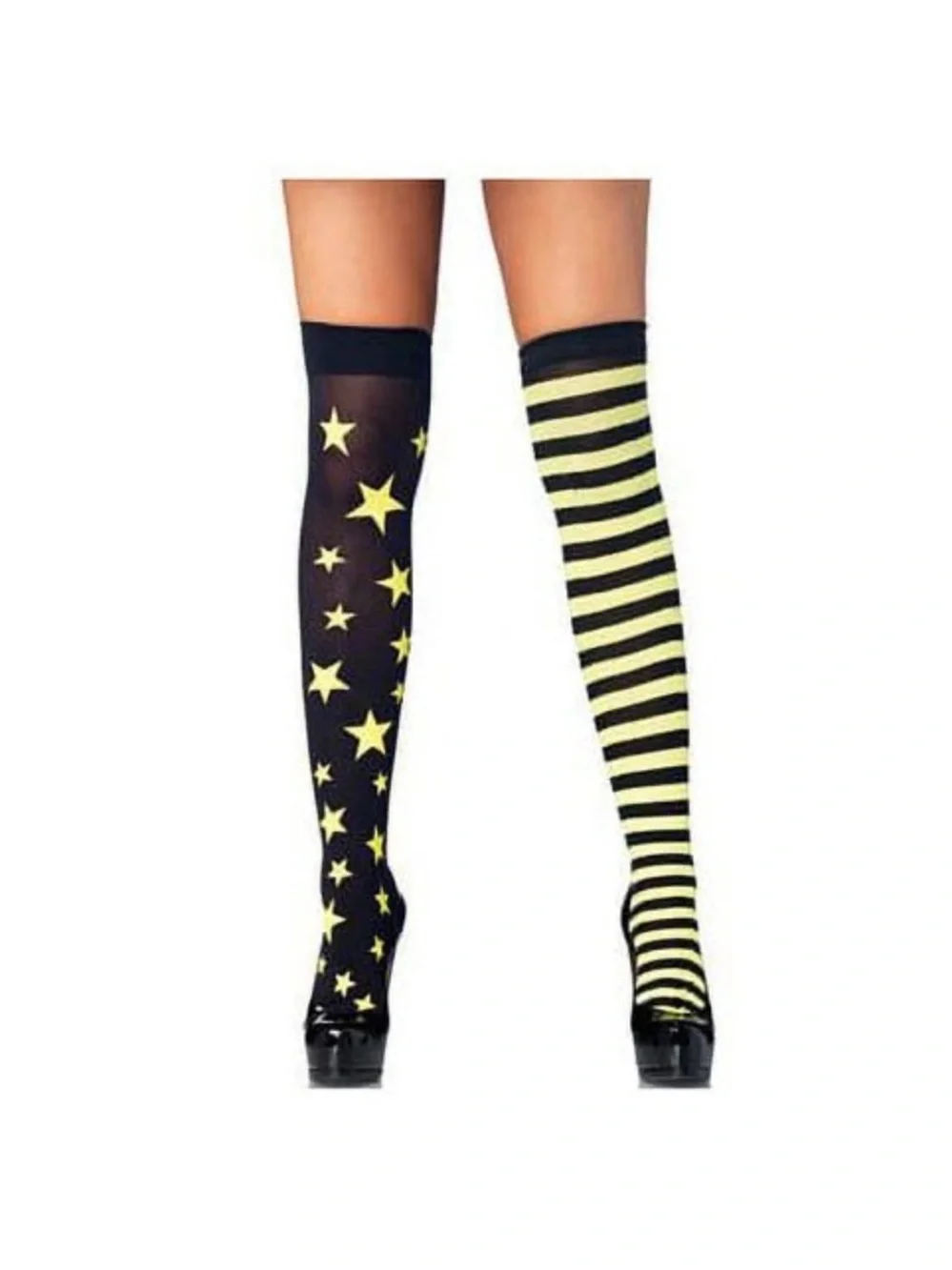 Brand New-Black & Neon Yellow Star and Stripe Thigh Tights